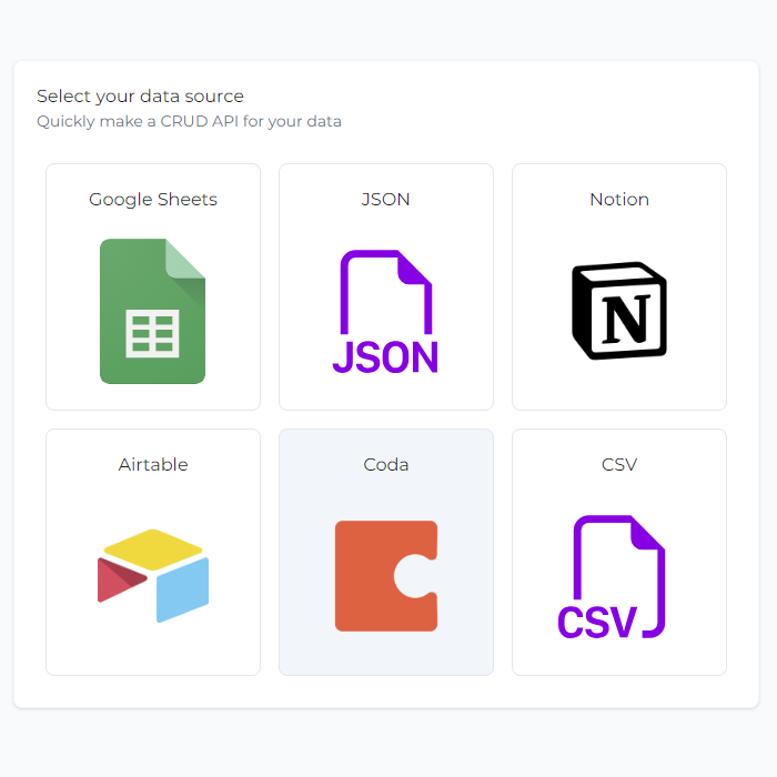 Coda Data Source Selection Quick APIs