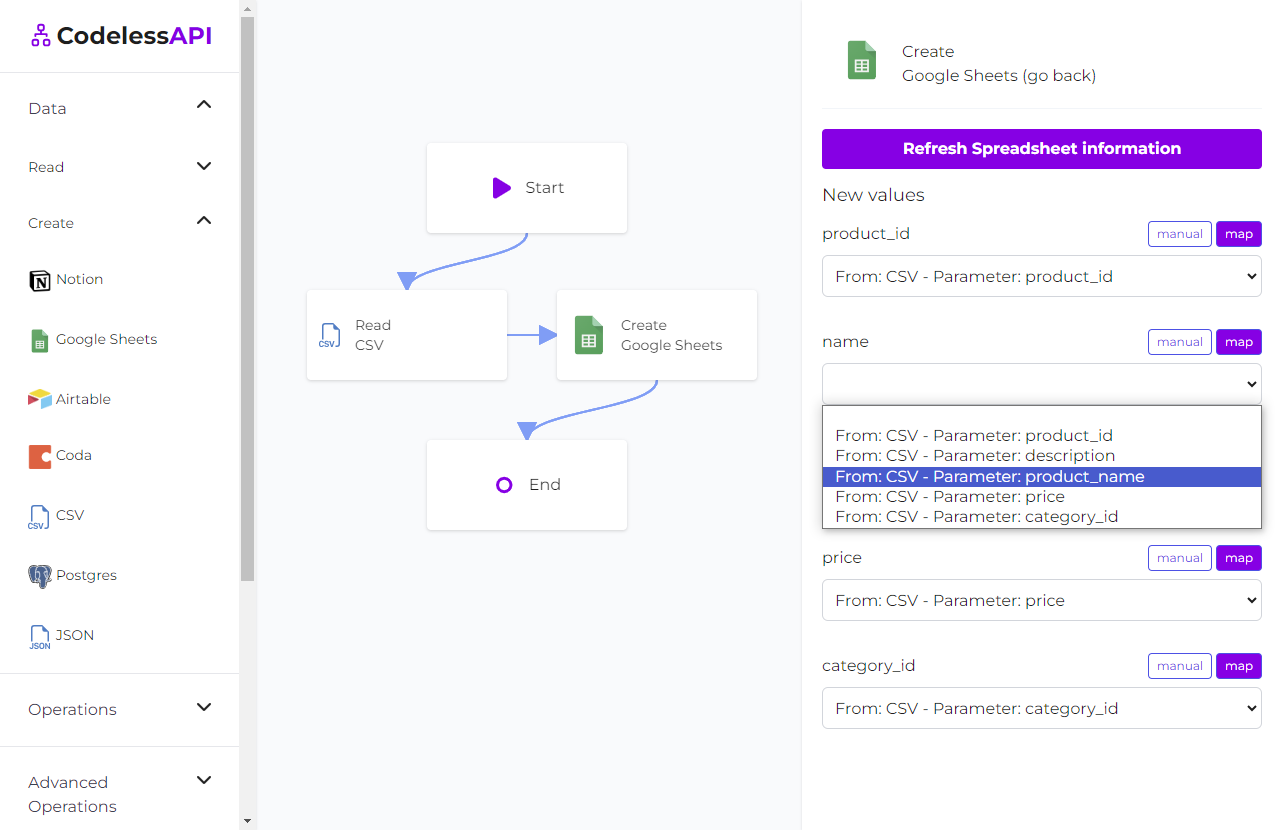 CSV Google Sheets Sync Mapping