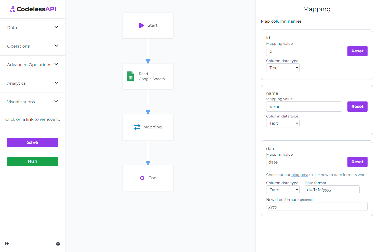 Configure Date Format with the mapping in CodelessAPI.io