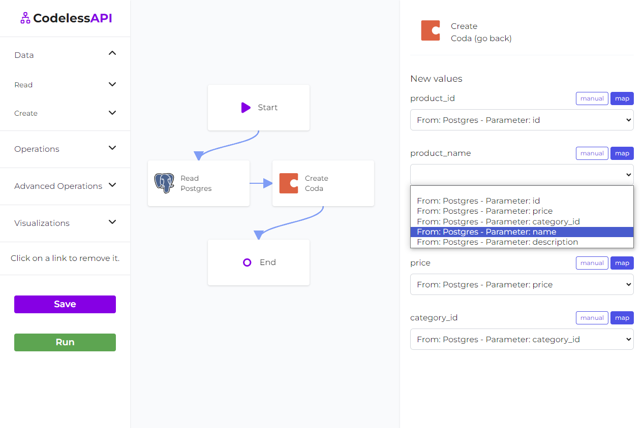 PostgreSQL Coda Sync Coda Mapping